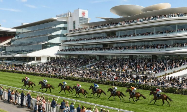 Horse race on a green turf track with colorful jockeys, racing past a packed grandstand under a bright blue sky.