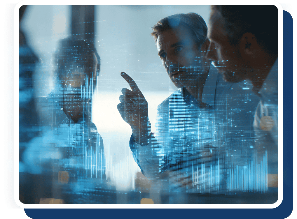 Businesspeople examine data visualizations and holographic graphs during a tech-focused meeting.